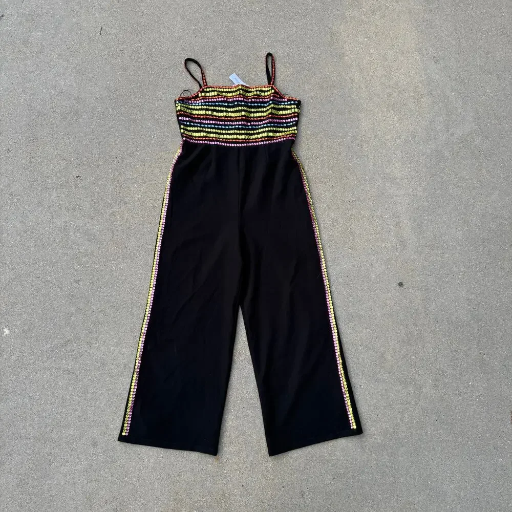 Nasty Gal Premium Black Multi Color Gem Hand Embellished Jumpsuit NWT US Size 14 - Picture 2 of 12